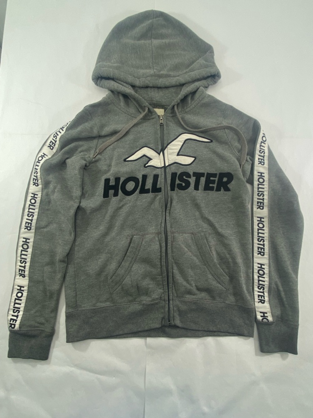 Hollister Full Zip-Up Hoodie with Logo Stripes Gray & White Men’s Size: M